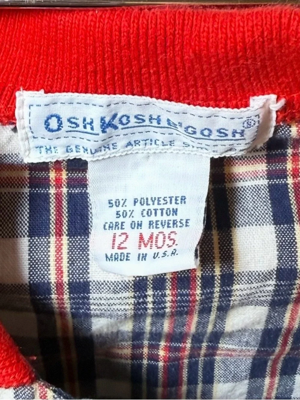 Vintage OshKosh BGosh Baby Boy Plaid Romper Bodysuit Red Collar Snap Crotch